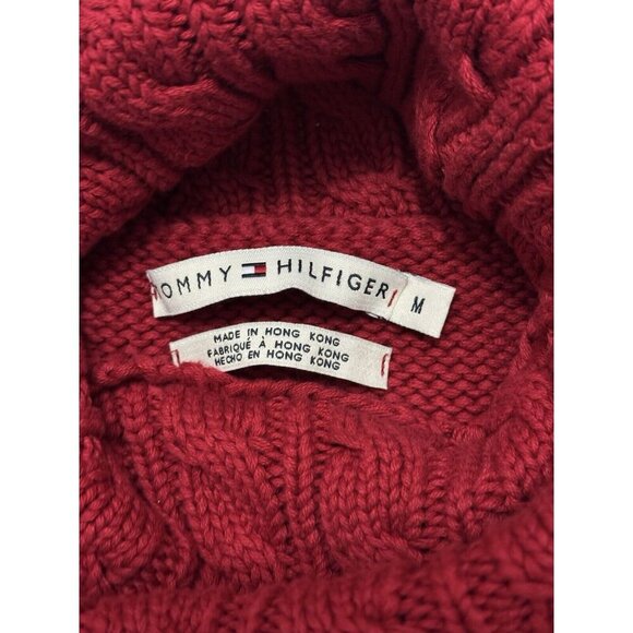 TOMMY HILFIGER VINTAGE Red Chunky Cable Knit Turtleneck Sweater MEDIUM Flag Y2k - Picture 3 of 9